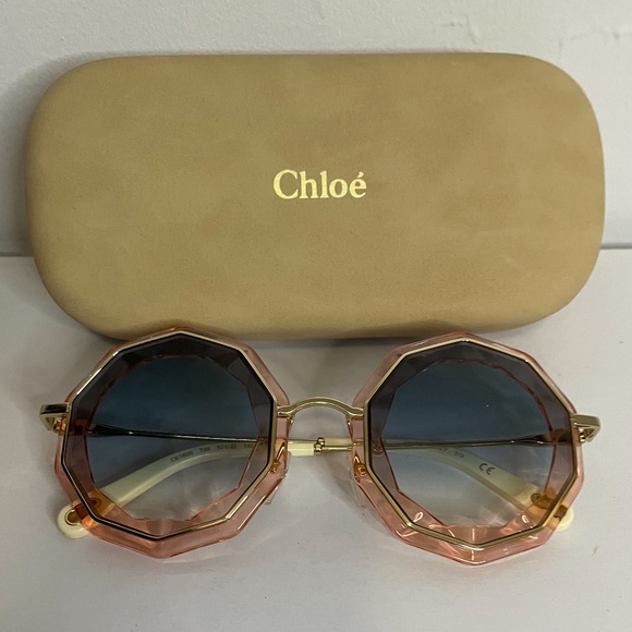 HP! 💕NWT Chloe’ pink large round scalloped edged blue lens gold sunglasses! - Picture 1 of 12